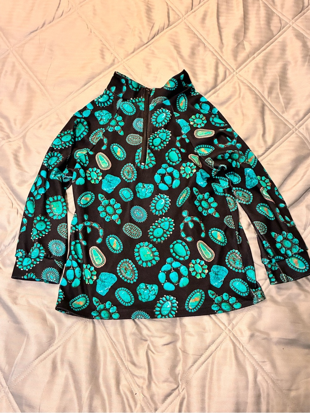 Kids Teal Patterned Pullover Jacket with Zip Neck